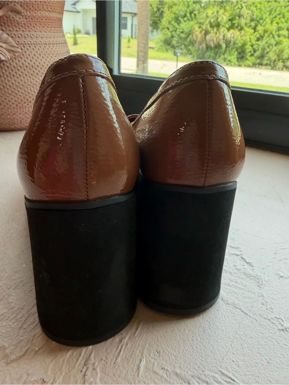 Princess Polly Penny Loafers in a brown patent finish high block heel Size 7
